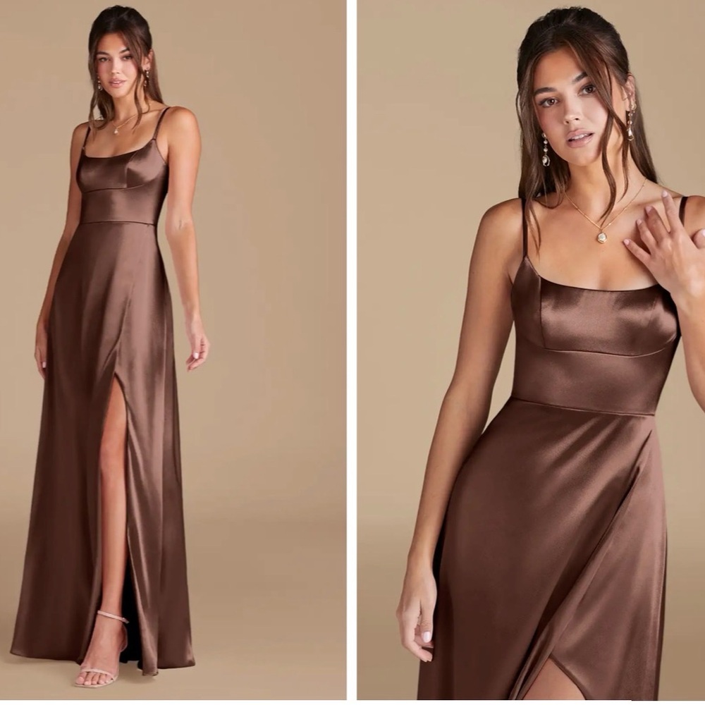 NWT Azazie Halsey Espresso A-Line Side Slit Metallic Satin Dress size 14